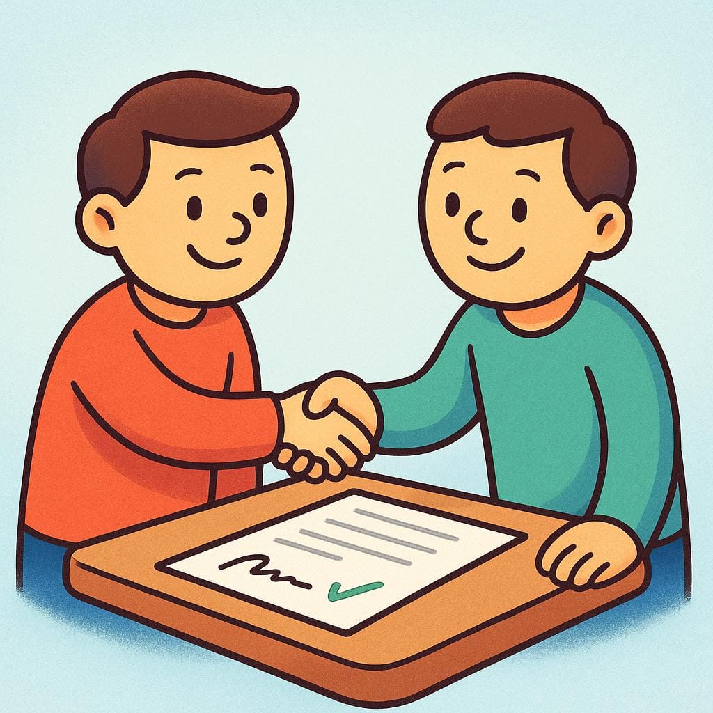 Due personaggi dei cartoni animati che si stringono la mano con fermezza, a simboleggiare l'accettazione di una richiesta o condizione.