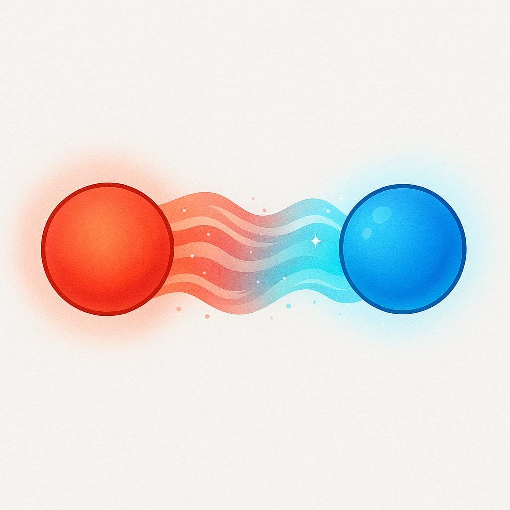A visible flow of shimmering red heat energy transferring from a warm, glowing red sphere to a nearby, cooler blue sphere.