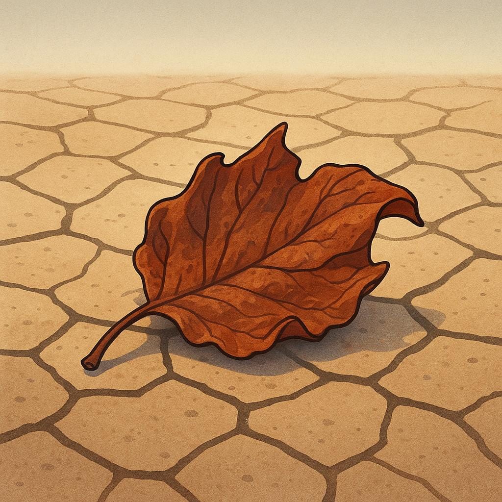 A close-up of a brown, shriveled leaf resting on cracked, dry earth, illustrating a lack of moisture.