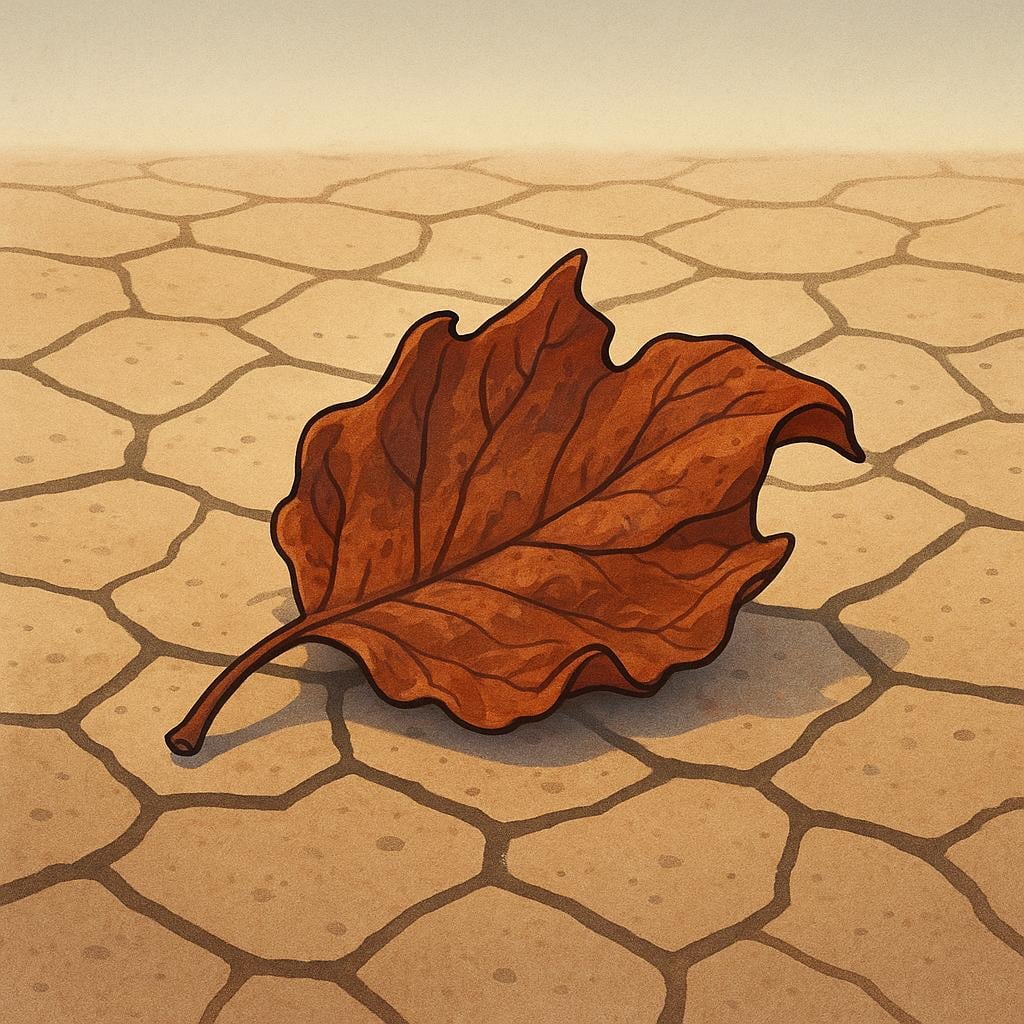 A close-up of a brown, shriveled leaf resting on cracked, dry earth, illustrating a lack of moisture.
