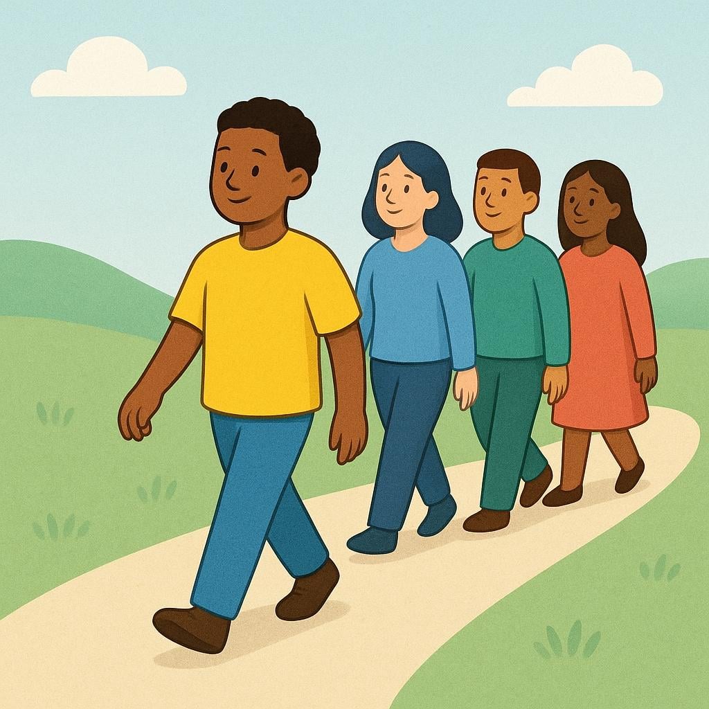 A colorful storybook illustration showing a person in a bright yellow shirt leading a small group of three people down a winding path.