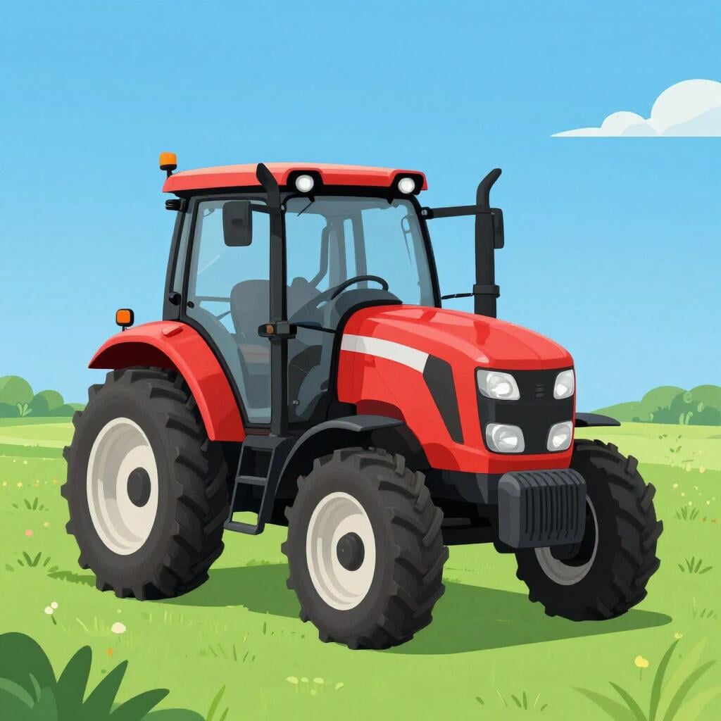 A sturdy red tractor driving smoothly through a green field under a bright sun.