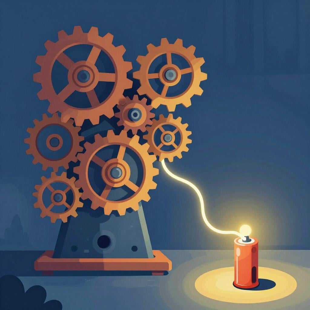 Um pequeno ícone de bateria com uma aura brilhante a ser drenada por uma máquina grande e complexa.