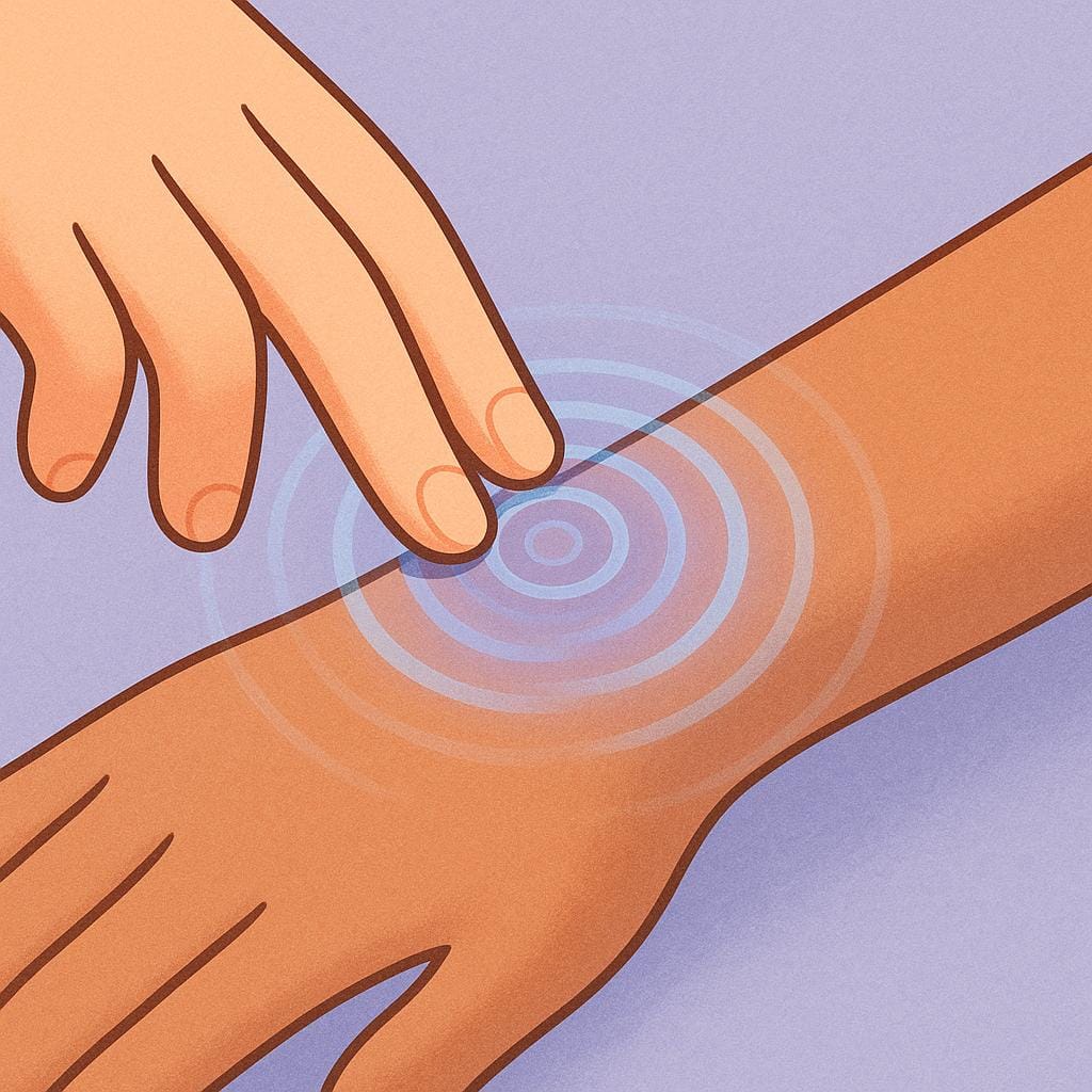 A close-up illustration of two fingers pressing on a wrist to check the pulse, with a subtle ripple effect showing the heartbeat rhythm.