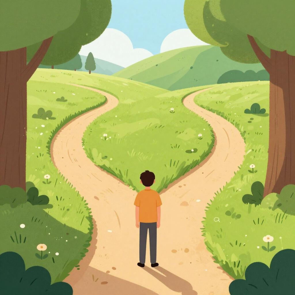 A person standing at a fork in a path, looking at two different trails leading in opposite directions.