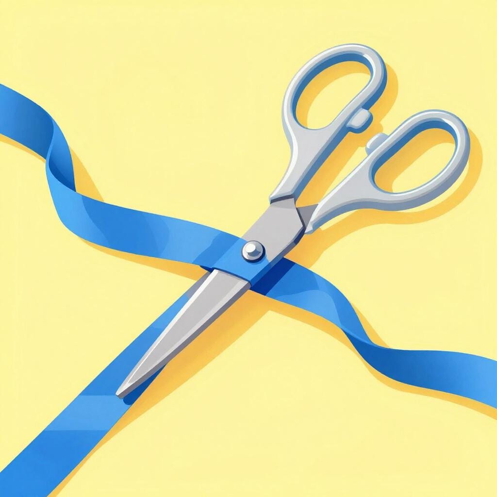 A pair of scissors cutting a long piece of blue ribbon to make it shorter.