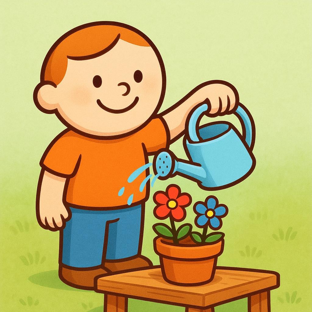 A joyful person wearing gardening gloves tending to brightly colored flowers in a small potted garden, representing a relaxing pastime or hobby.