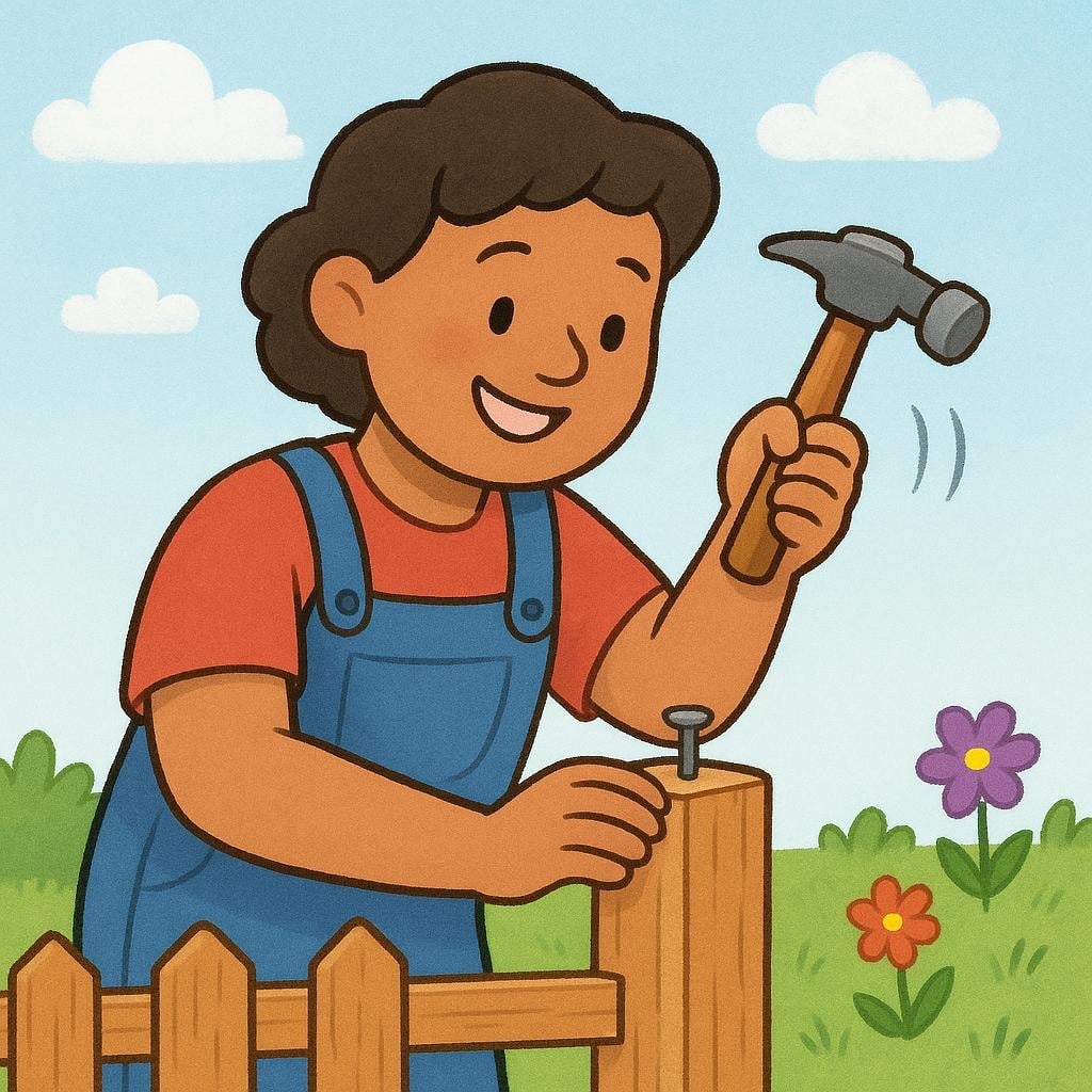 A person wearing overalls is happily repairing a wooden fence post with a hammer, demonstrating self-reliance and practical support.