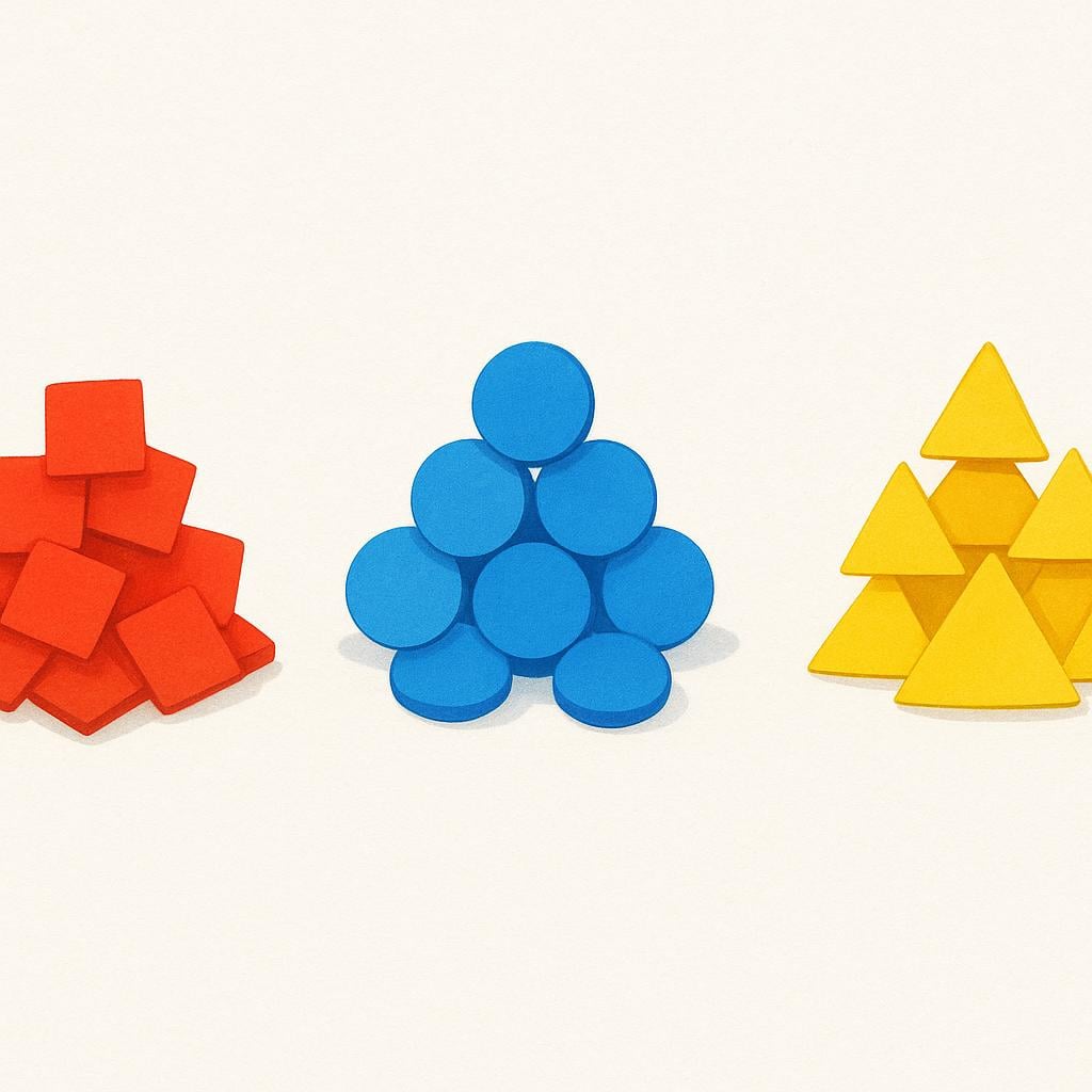 Three distinct groups of colored shapes (circles, squares, triangles) separated into different piles, illustrating categorization.