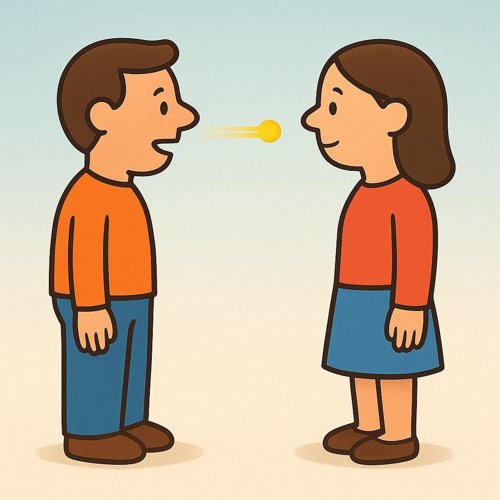 Un'illustrazione colorata di un libro di fiabe che mostra due figure semplificate una di fronte all'altra. Un piccolo oggetto giallo distinto, che simboleggia l'informazione ('lo'), viene mostrato mentre viaggia direttamente dalla bocca di chi parla all'orecchio di chi ascolta.