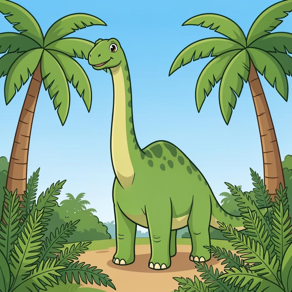 Ein freundlicher grüner langhalsiger Dinosaurier, der in einem üppigen prähistorischen Dschungel steht.