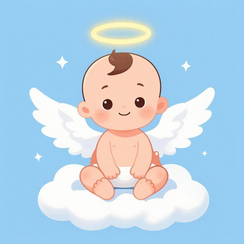 Een kleine, schattige baby met kleine witte vleugels en een gouden aureool, die vredig glimlacht.