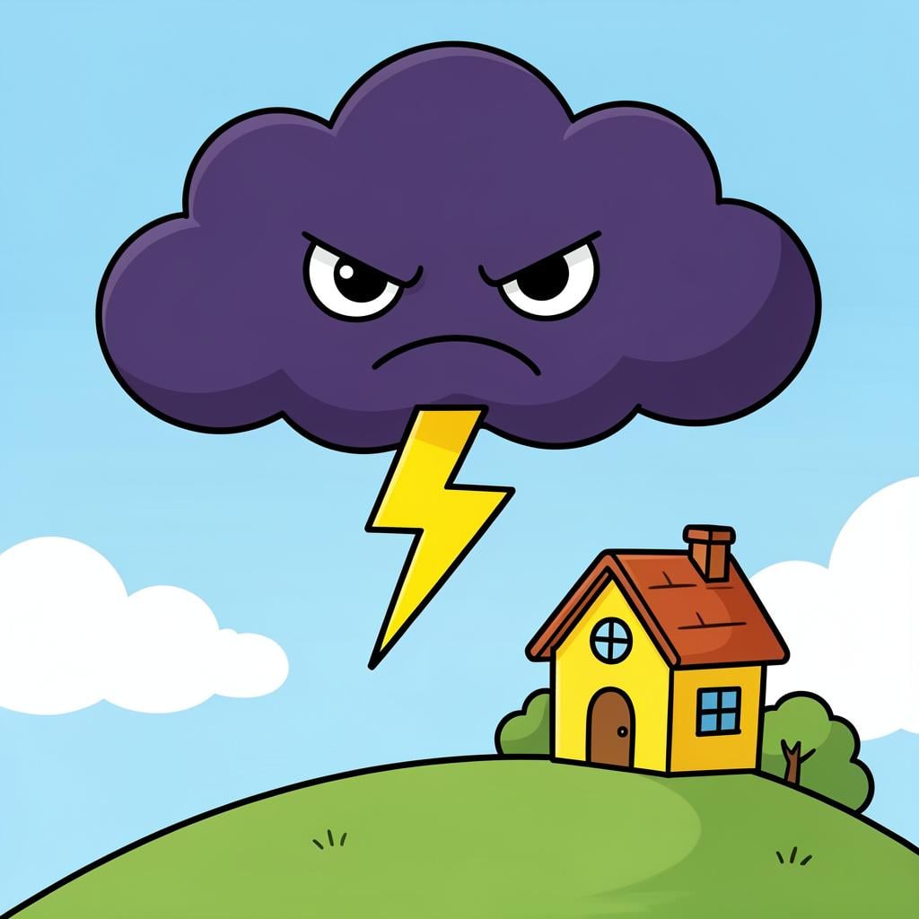 A large, dark storm cloud with a jagged lightning bolt hovering over a small, bright yellow house.