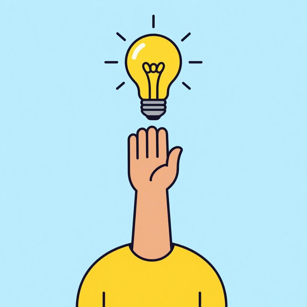 A friendly person raising their hand with a bright glowing lightbulb above their head to show they are suggesting an idea.