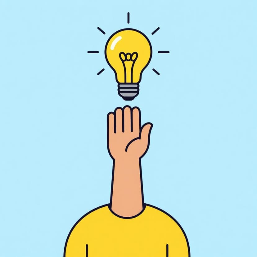 A friendly person raising their hand with a bright glowing lightbulb above their head to show they are suggesting an idea.