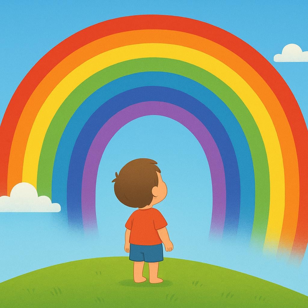 A small child stands on a green hill and looks up in amazement at a huge, perfectly formed, colorful rainbow filling the sky. The scene evokes a sense of wonder.