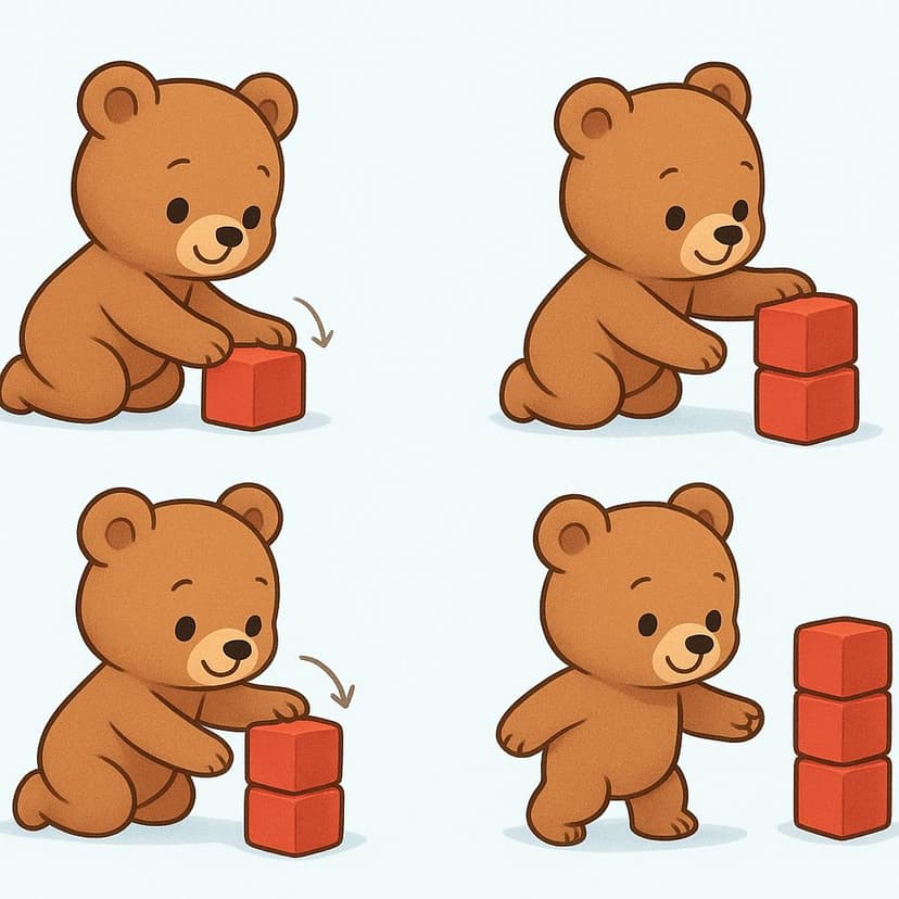 Un cucciolo di orso dei cartoni animati impila con attenzione tre blocchi rossi identici uno sopra l'altro, illustrando l'azione di ripetere un compito.
