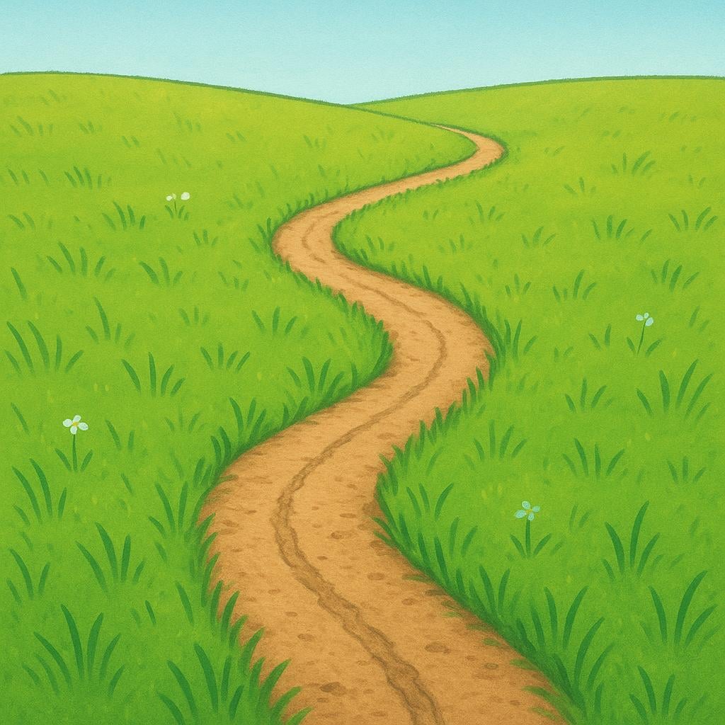 A narrow, faint dirt path winding through a field of tall green grass, indicating a remnant of travel.