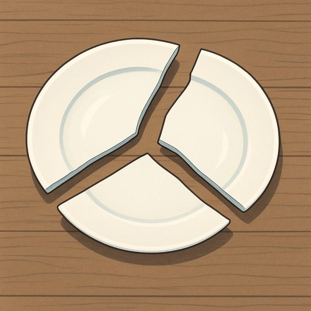 A white ceramic plate lying on a wooden surface, clearly shattered into three large, distinct pieces.