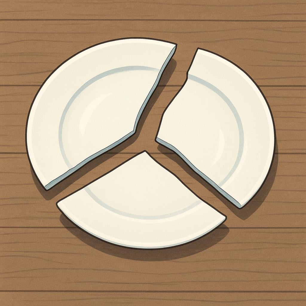 A white ceramic plate lying on a wooden surface, clearly shattered into three large, distinct pieces.