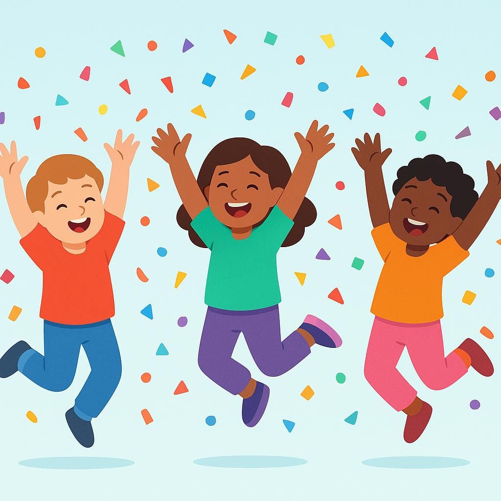 A group of joyous cartoon figures jumping excitedly, throwing colorful confetti into the air with their arms raised in celebration.