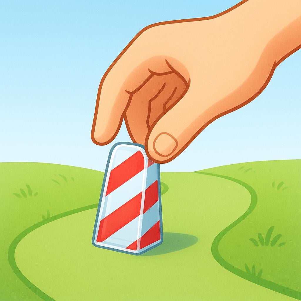 A hand placing a small, stylized red and white striped barrier onto a path, visually representing the establishment of a condition or limit.