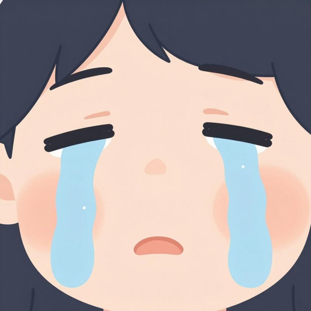 A close-up illustration of a person's face with large, blue tears rolling down their cheeks.