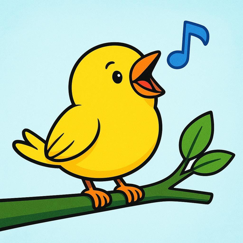 陽気な黄色い鳥が緑の木の枝にとまり、くちばしを大きく開けて歌い、頭上に青い音符が浮かんでいる、シンプルでカラフルな絵本のイラスト。