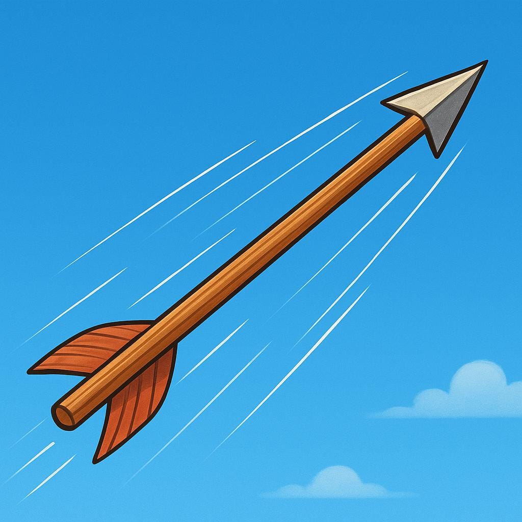 A perfectly straight, wooden arrow flying rapidly through the air against a clear blue sky, depicted with motion lines.
