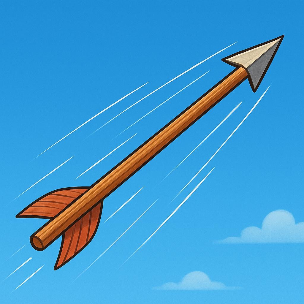 A perfectly straight, wooden arrow flying rapidly through the air against a clear blue sky, depicted with motion lines.