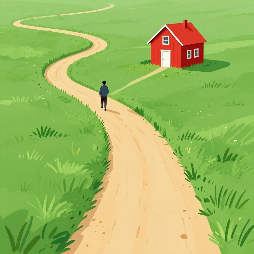 A person taking a shortcut path through a green field to reach a house faster.