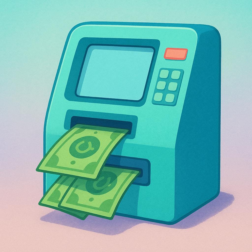 Un simple distributeur automatique vert vif délivrant plusieurs billets pliés dans une fente.