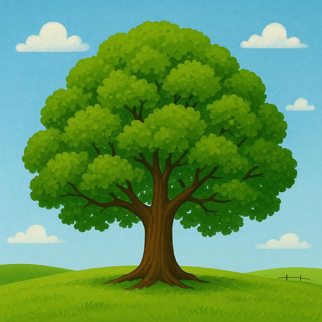 A massive, fully grown oak tree with a wide canopy and deep roots, symbolizing maturity and full development.
