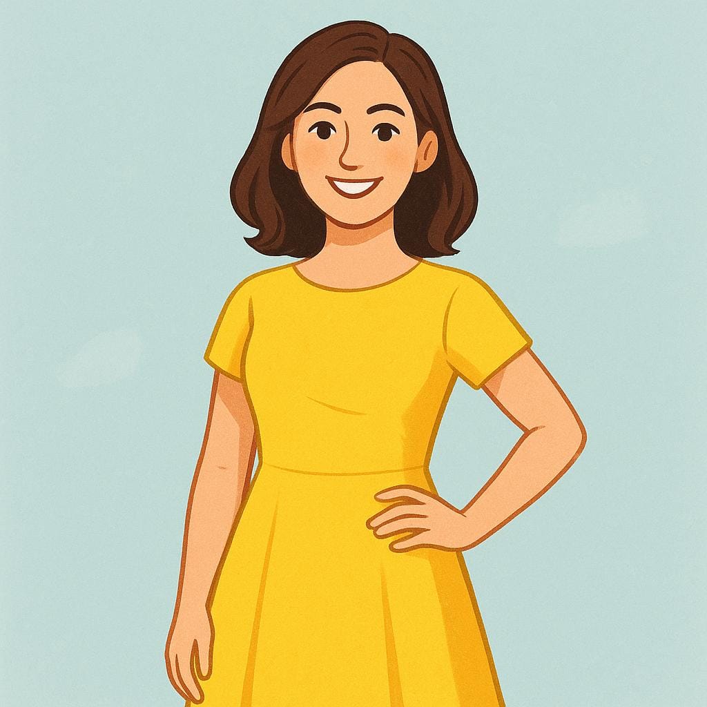 Een hoogwaardige prentboekillustratie met een close-up portret van een zelfverzekerde jonge vrouw in een heldergele jurk, die een alleenstaande vrouw voorstelt.