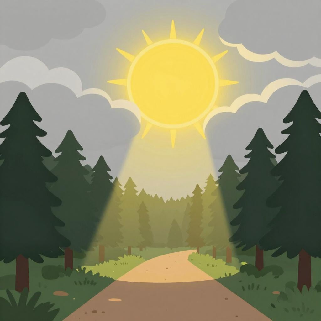 Een felle zon die door donkere wolken schijnt om een helder pad te onthullen.