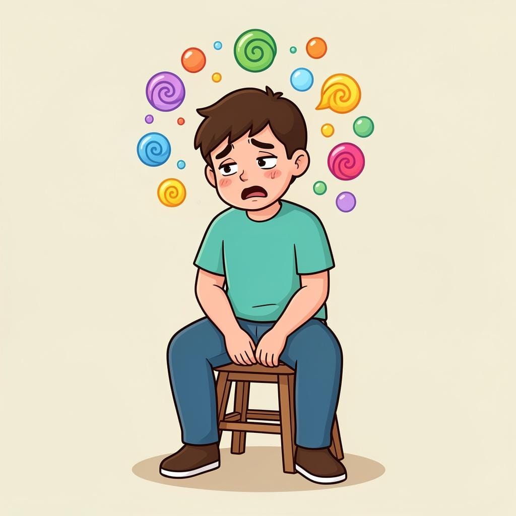 A person sitting on a stool looking dizzy with colorful swirls around their head.