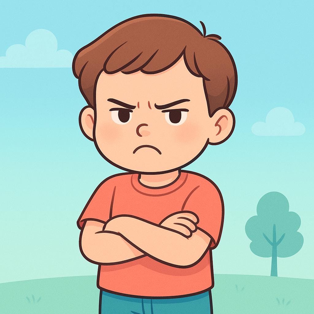 A storybook illustration of a young child looking visibly annoyed, with their arms crossed tightly and a slight frown.