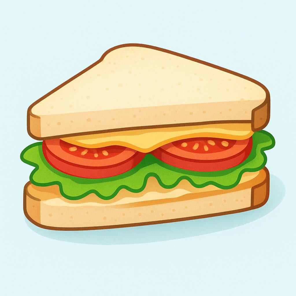 A colorful illustration of a classic sandwich, sliced diagonally, clearly showing the layers of bread, lettuce, tomato, and cheese.