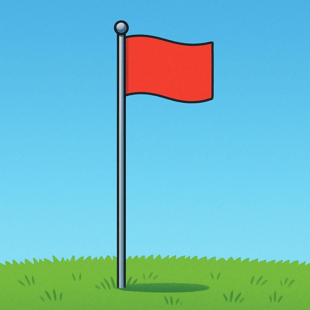 Ein hoher, gerader Fahnenmast mit einer leuchtend bunten rechteckigen Flagge, die an der Spitze vollständig ausgebreitet ist und eine hohe Position anzeigt.