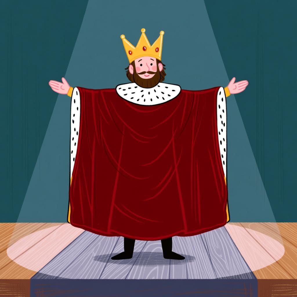 A person wearing a simple crown and a cape, standing proudly on a small stage, playing the role of a king.