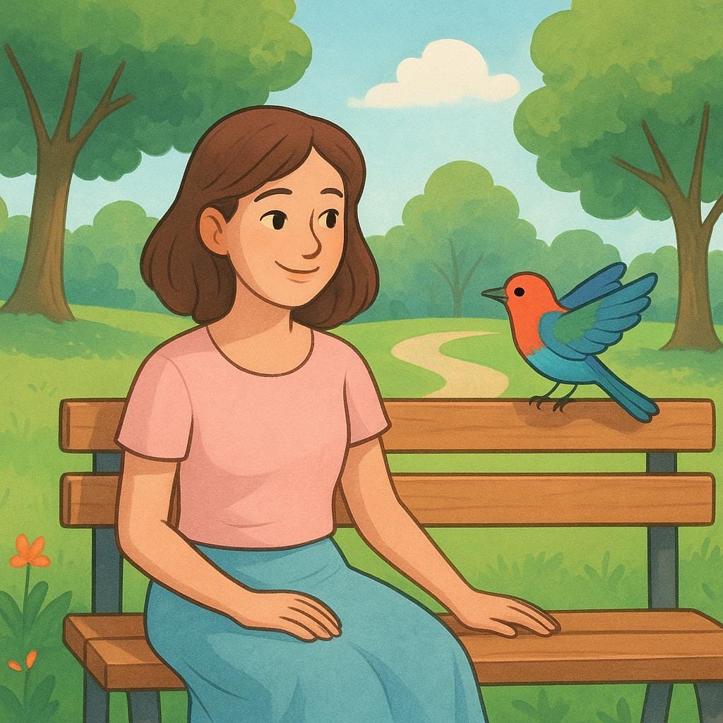 A young woman with a warm, inviting smile sitting on a wooden bench in a sunny park, radiating charm. A small, colorful bird is gently landing on the back of the bench near her.