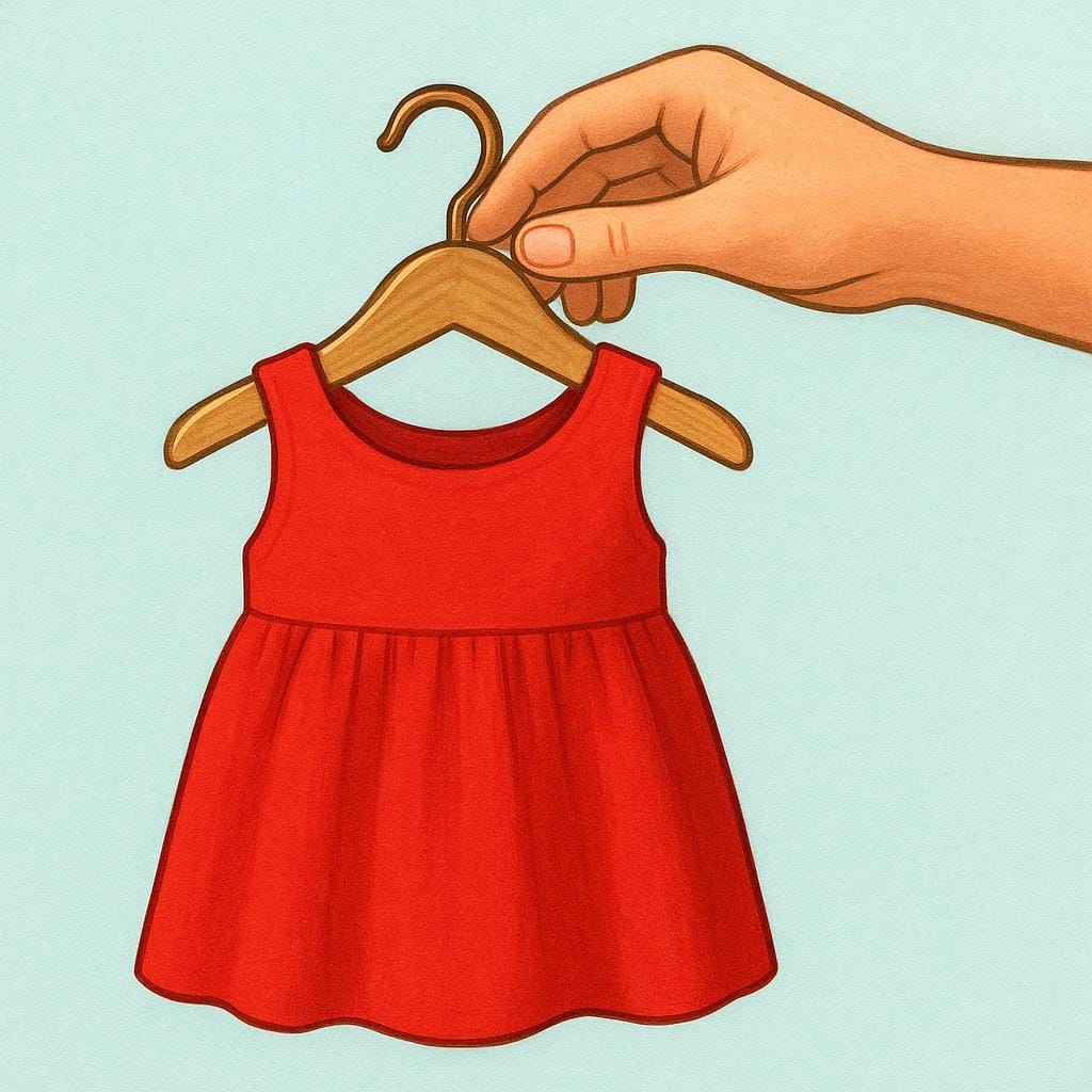 Una mano che posa con cura un vestito dai colori vivaci su una gruccia di legno all'interno di un armadio.