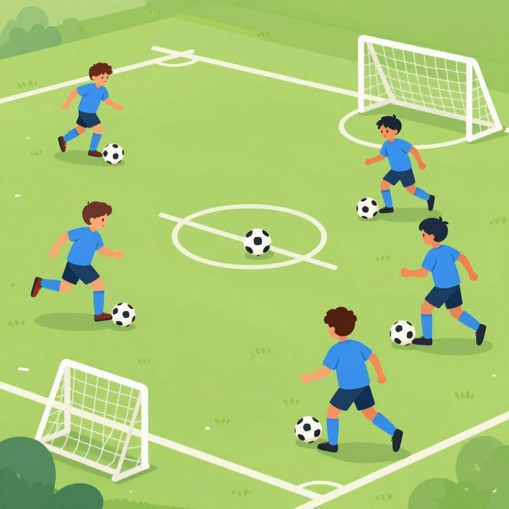 Un gruppo di bambini in divisa da calcio che si allenano su un prato verde brillante.