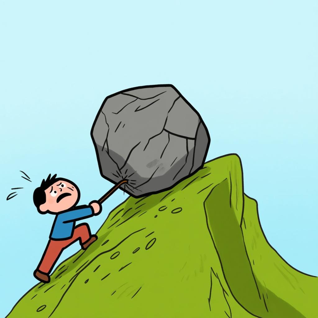 小さな決意の固いキャラクターが、急な泥だらけの坂道を巨大な丸い岩を引っ張っている様子。大きな努力を必要とする困難な作業を示しています。