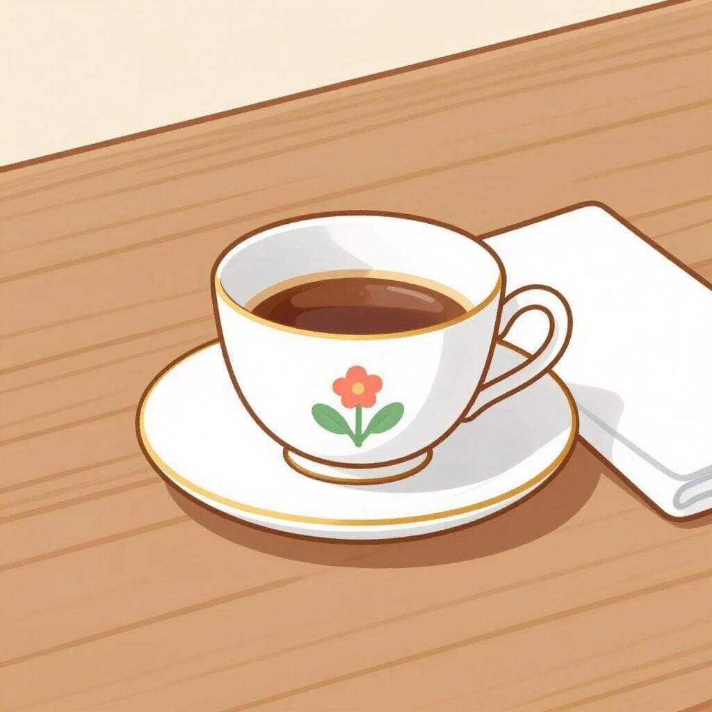 A porcelain teacup with delicate floral patterns sitting on a matching saucer, next to a neatly folded linen napkin.