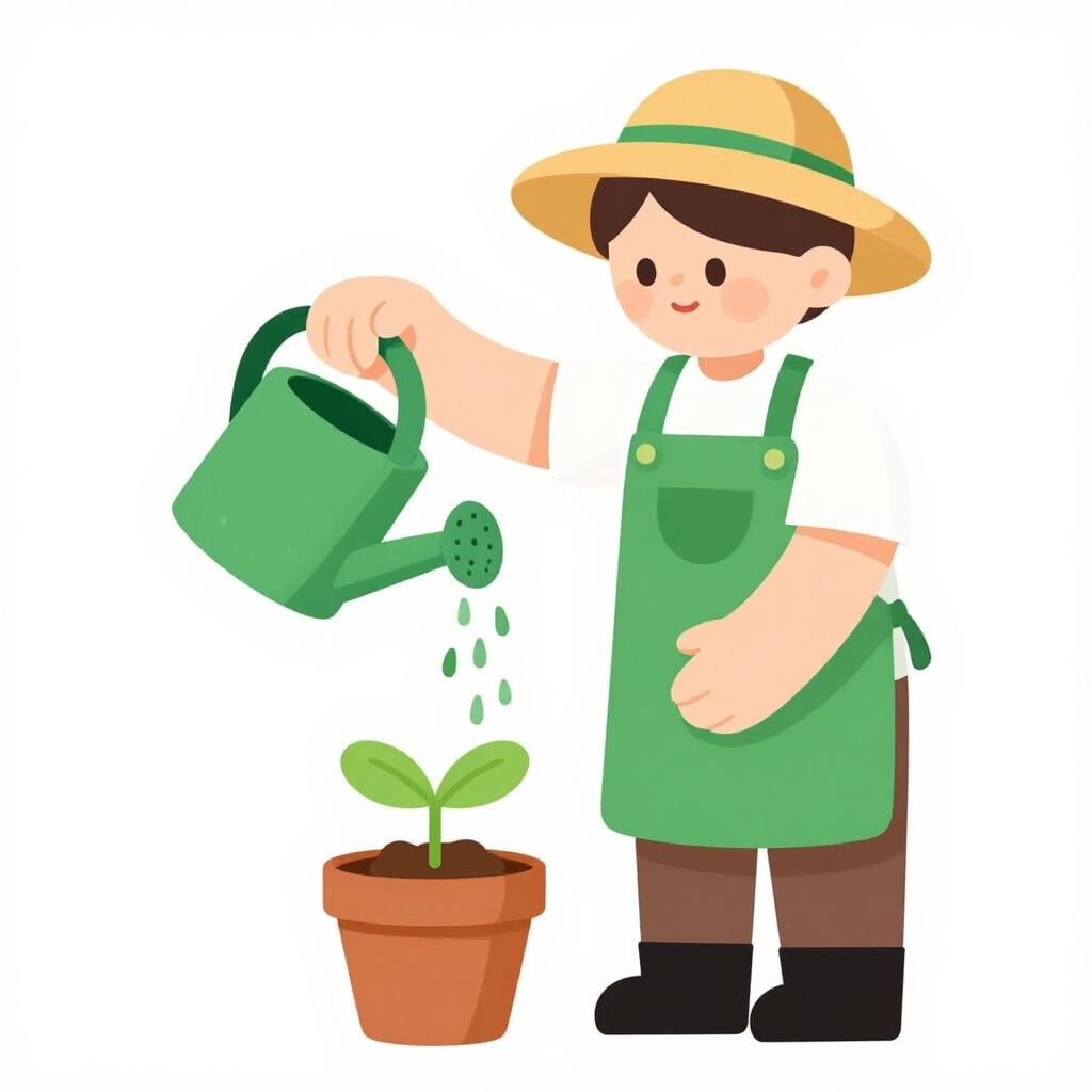 A person wearing a gardener's hat and apron watering a small plant.