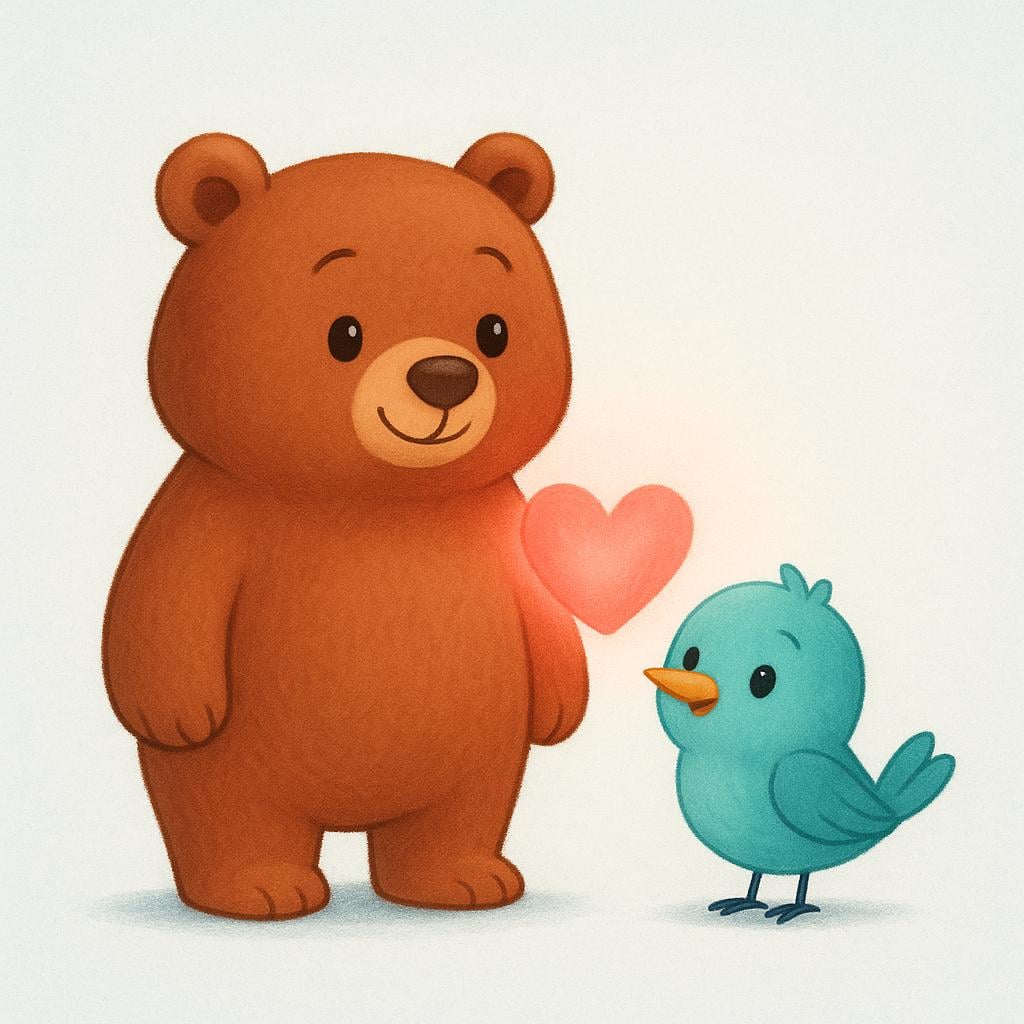 A storybook illustration depicting a friendly bear and a friendly bird standing close together and smiling, emphasizing a social or emotional connection.