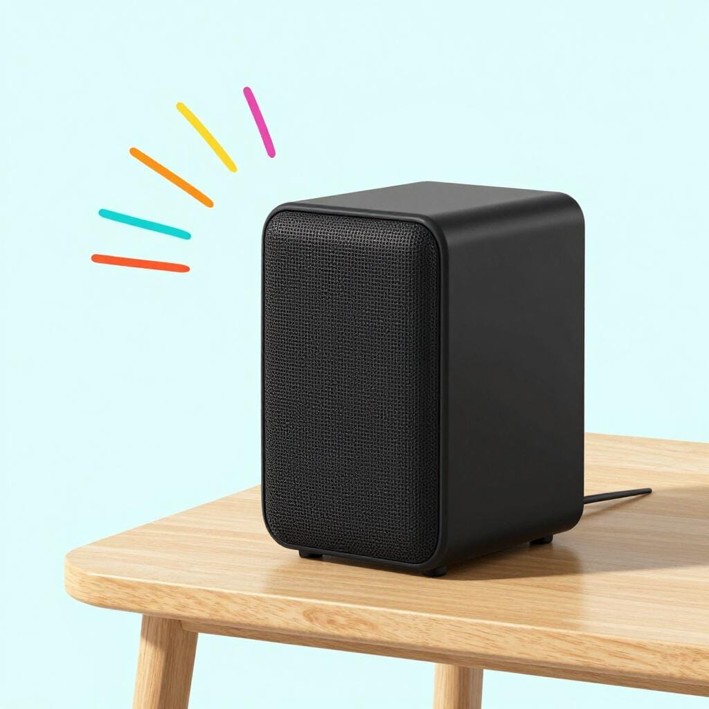 Un haut-parleur électronique noir moderne posé sur une surface en bois, avec des ondes sonores colorées en sortant.