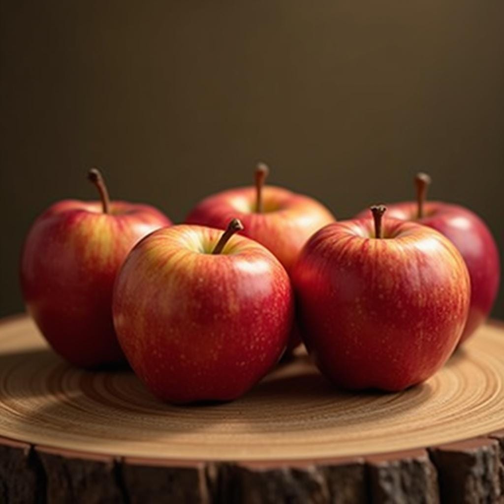 Cinq pommes rouges identiques et très colorées posées sur une table en bois, illustrant la quantité.