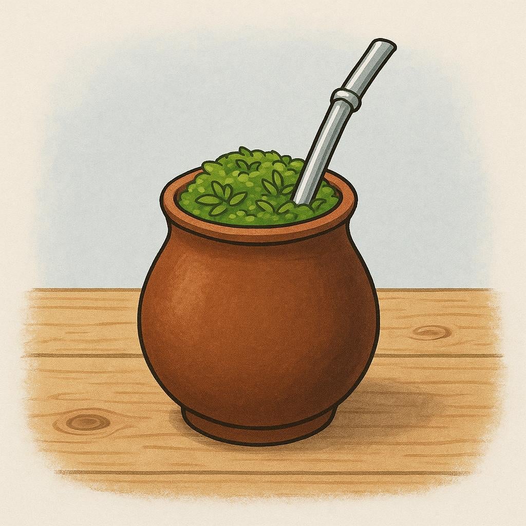 A close-up illustration of a traditional South American mate gourd and a metal straw (bombilla).